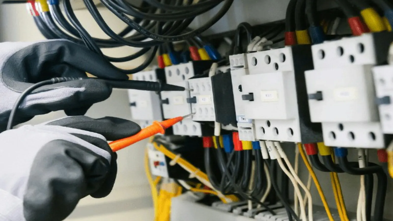 Gloved hands testing an electrical panel with a multimeter
